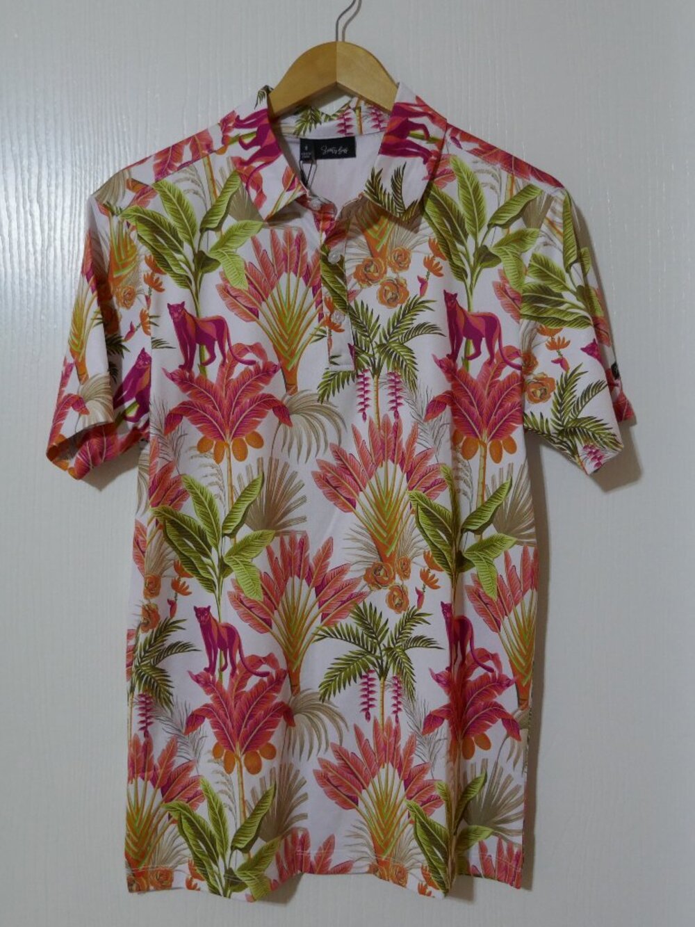 Sporty Buff Shirt Men Palm Tropical Floral Golf Performance Stretch Polo Small